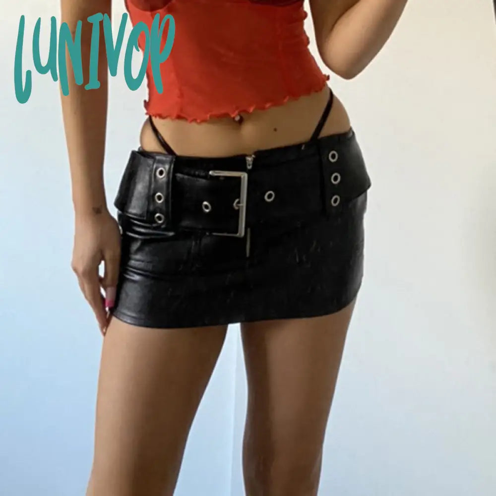 frat outfits Sexy Street Fashion Hot Girl Belt Japanese Buckle Leather Stitching Solid Color Short Mini Skirt