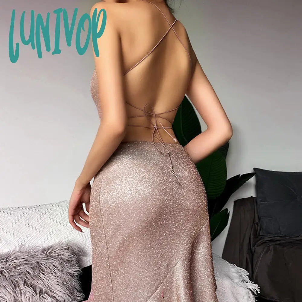 frat outfits Slip-on Shiny Backless Lace-up Dress Oblique Evening Dress Women's Summer Slim-Fit Nightclub Bottoming Hip Skirt Fashion