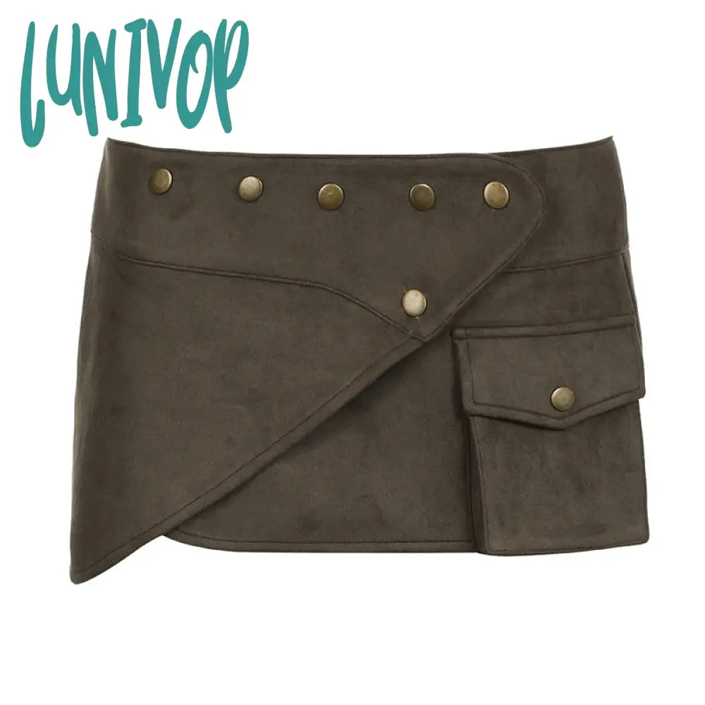 frat outfits Wilderness Western Style Suede Rivet One-Piece Mini Skirt Ethnic Niche Pocket Stitching Low Waist Sheath Skirt