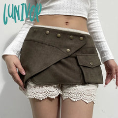 frat outfits Wilderness Western Style Suede Rivet One-Piece Mini Skirt Ethnic Niche Pocket Stitching Low Waist Sheath Skirt