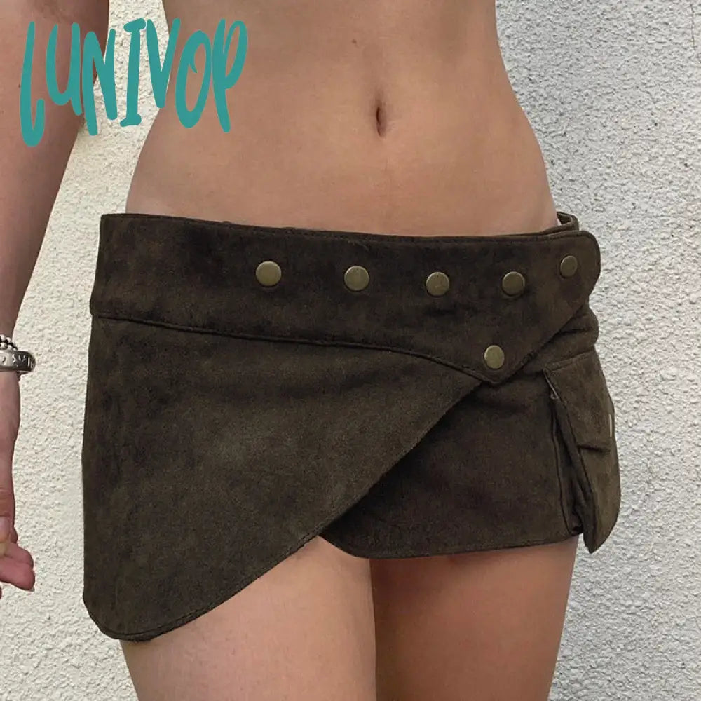 frat outfits Wilderness Western Style Suede Rivet One-Piece Mini Skirt Ethnic Niche Pocket Stitching Low Waist Sheath Skirt