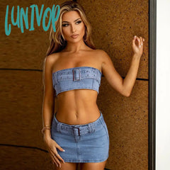 frat outfits Women's 2024 Summer New Fashion Sexy Denim Tube Top Slim Skirt Suit