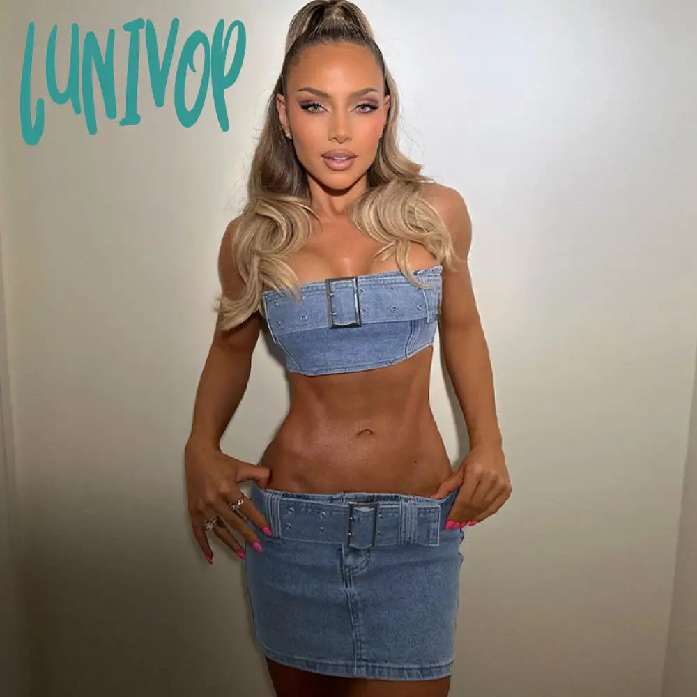 frat outfits Women's 2024 Summer New Fashion Sexy Denim Tube Top Slim Skirt Suit