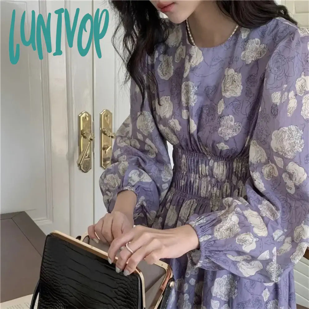 Lunivop French Floral Dress Women Autumn Elegant Long Puff Sleeve Round Neck Elastic Waist A-Line