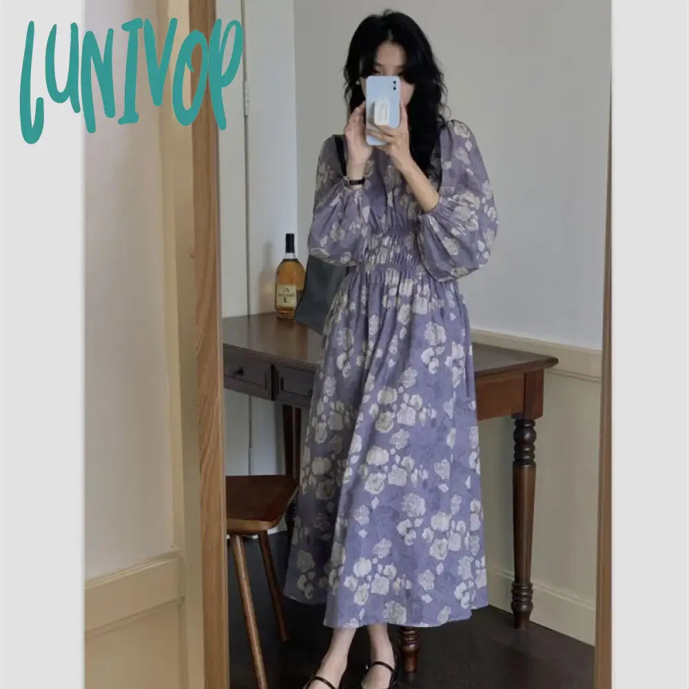 Lunivop French Floral Dress Women Autumn Elegant Long Puff Sleeve Round Neck Elastic Waist A-Line