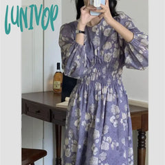 Lunivop French Floral Dress Women Autumn Elegant Long Puff Sleeve Round Neck Elastic Waist A-Line