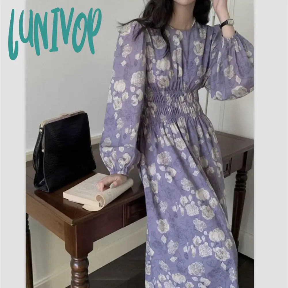 Lunivop French Floral Dress Women Autumn Elegant Long Puff Sleeve Round Neck Elastic Waist A-Line