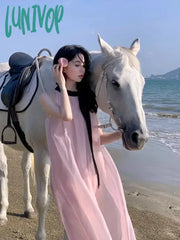 Lunivop French Pink Sleeveless Bow Neck Strap Dress For Women Even Party Korean Y2K Mini Office