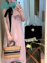 Lunivop French Pink Sleeveless Bow Neck Strap Dress For Women Even Party Korean Y2K Mini Office