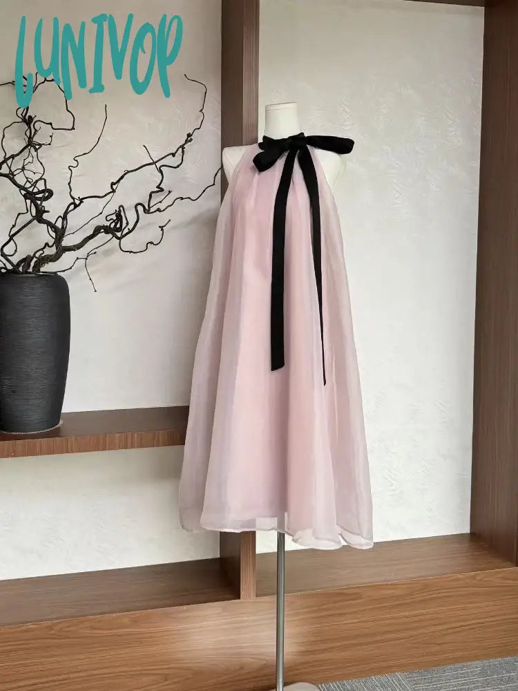 Lunivop French Pink Sleeveless Bow Neck Strap Dress For Women Even Party Korean Y2K Mini Office