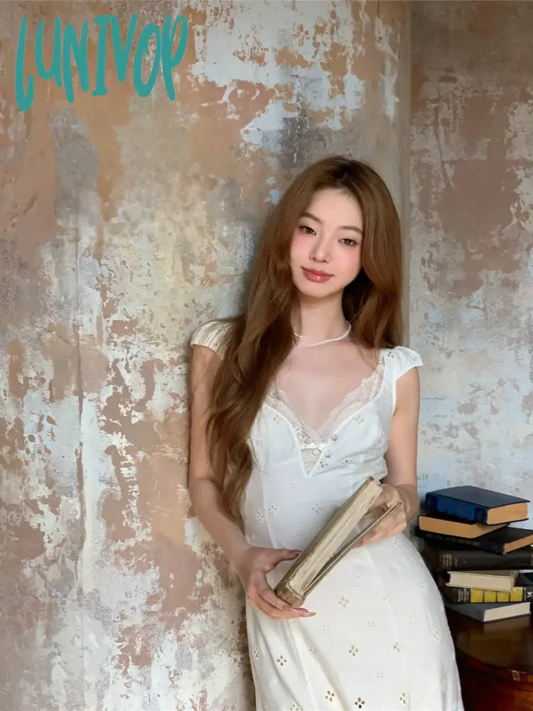 Lunivop French Retro Midi Dress Women Even Party 2000S Vintage Clothing Elegant V-Neck Y2K Korean