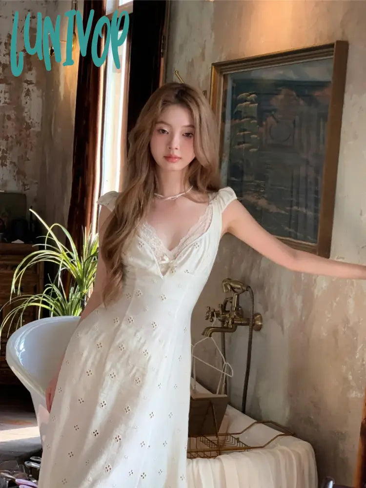 Lunivop French Retro Midi Dress Women Even Party 2000S Vintage Clothing Elegant V-Neck Y2K Korean