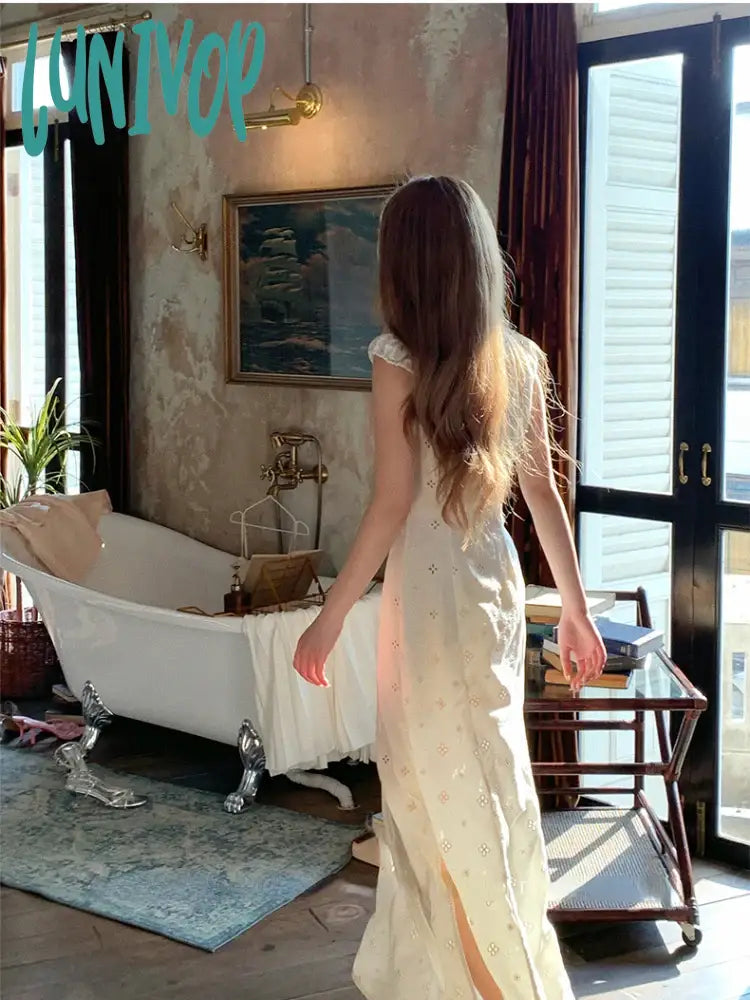 Lunivop French Retro Midi Dress Women Even Party 2000S Vintage Clothing Elegant V-Neck Y2K Korean