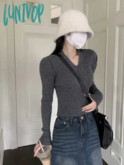 Lunivop French Retro Temperament V-Neck Sweater Soft Waxy Autumn And Winter Short Sexy Solid Color