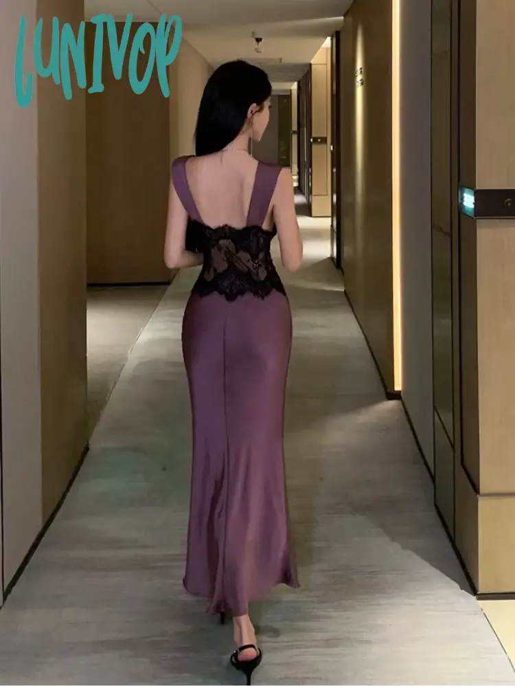 Lunivop French Sexy Fashion Black Lace Patchwork Satin V Neck Sleeveless Club Purple Vest Dress
