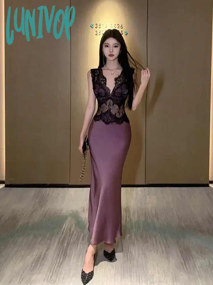 Lunivop French Sexy Fashion Black Lace Patchwork Satin V Neck Sleeveless Club Purple Vest Dress