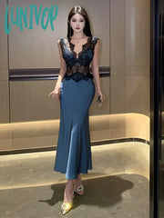 Lunivop French Sexy Fashion Black Lace Patchwork Satin V Neck Sleeveless Club Purple Vest Dress