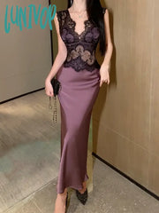 Lunivop French Sexy Fashion Black Lace Patchwork Satin V Neck Sleeveless Club Purple Vest Dress