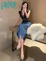 Lunivop French Sexy Fashion Black Lace Patchwork Satin V Neck Sleeveless Club Purple Vest Dress
