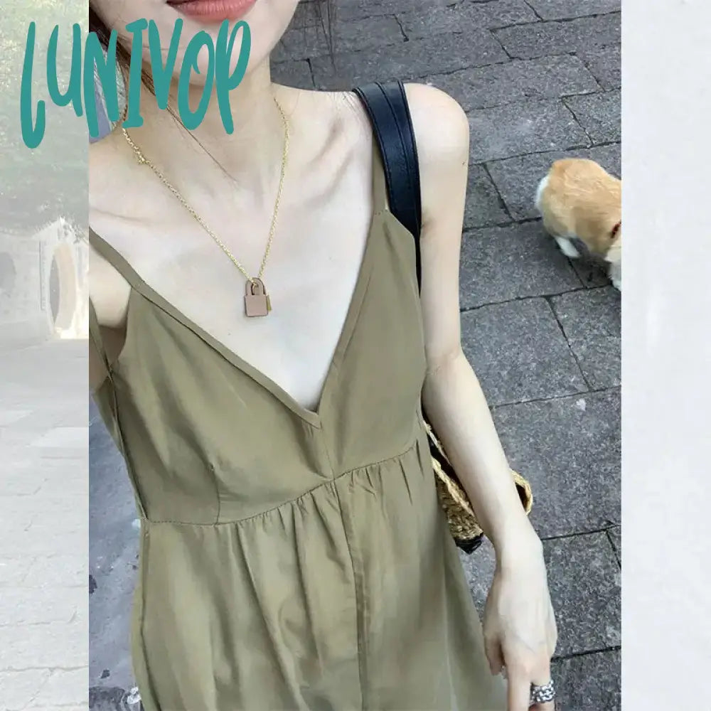 Lunivop French Style Green Suspender Dress For Women Summer Loose Solid V-Necl Sleeveless Dresses