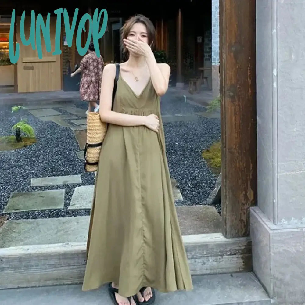 Lunivop French Style Green Suspender Dress For Women Summer Loose Solid V-Necl Sleeveless Dresses
