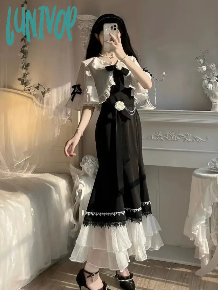 Lunivop French Vintage Fairy Mermaid Dress Women Lace Korean Party Princess Strap Female Spring