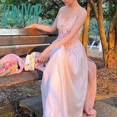 Lunivop French Vintage Slip Dress Pink Long Summer Sleeveless Nightdress Sleeping Home For Women