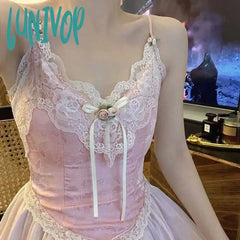 Lunivop French Vintage Slip Dress Pink Long Summer Sleeveless Nightdress Sleeping Home For Women