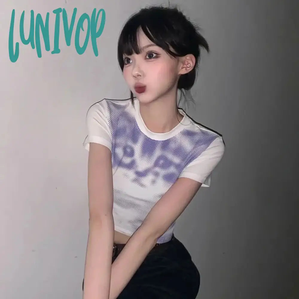 Lunivop Funny Cat Print T-Shirt Y2K Aesthetics Crop Top Grunge Vintage Slim Tee Fairycore Harajuku