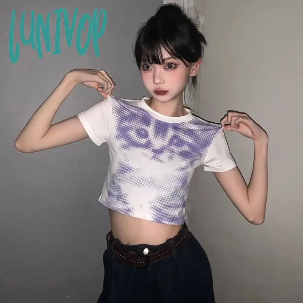 Lunivop Funny Cat Print T-Shirt Y2K Aesthetics Crop Top Grunge Vintage Slim Tee Fairycore Harajuku