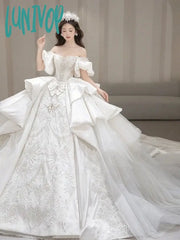 Lunivop Girls One Shoulder Main Wedding Dress New Bride Large Tail V-Neck French Heavy Industry