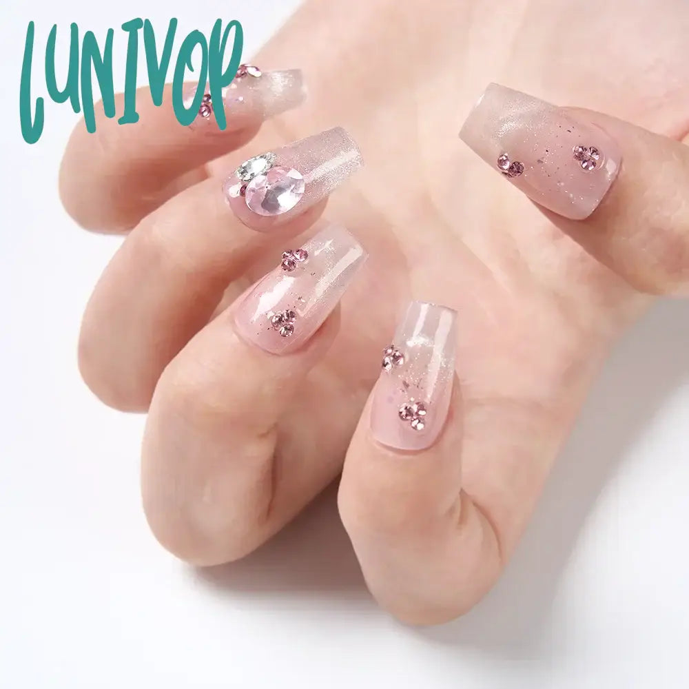 Lunivop Glossy Handmade Short Almond Fake Nail Reflective Glitter Cat Eye Press On Sparkling 3D