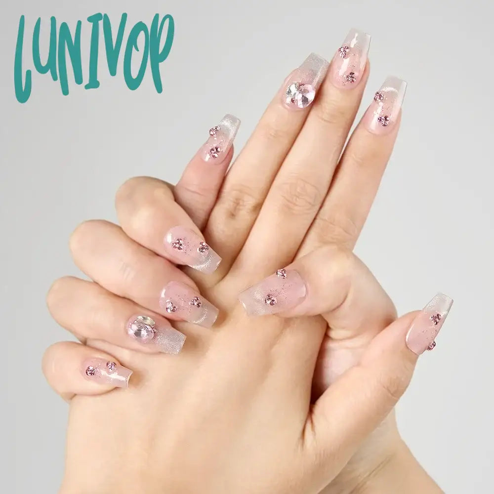 Lunivop Glossy Handmade Short Almond Fake Nail Reflective Glitter Cat Eye Press On Sparkling 3D