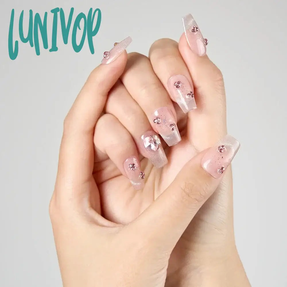 Lunivop Glossy Handmade Short Almond Fake Nail Reflective Glitter Cat Eye Press On Sparkling 3D