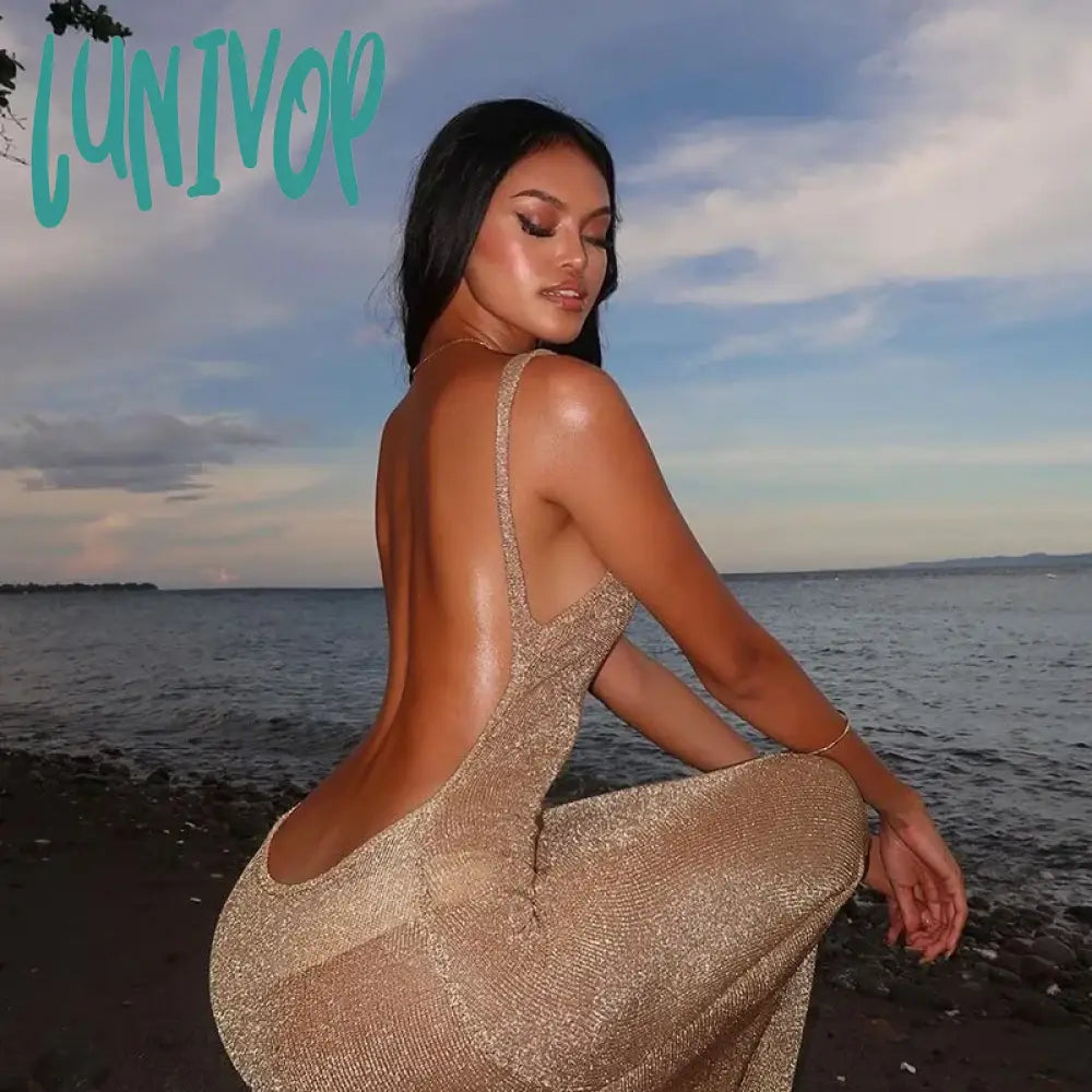 Lunivop Gold Sequin Split Backless Beach Dresses Sexy Exposed Waist Slim Fit Elegant Women’s