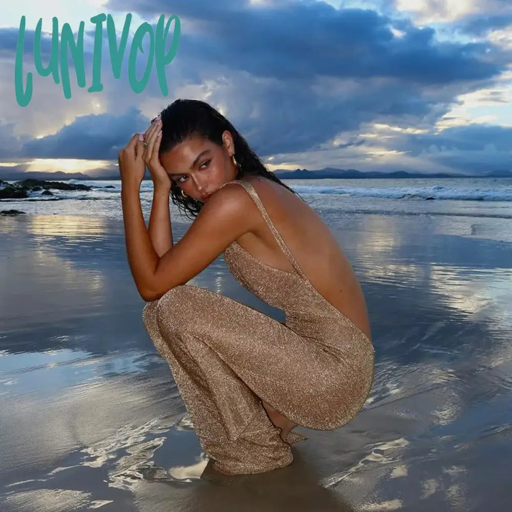 Lunivop Gold Sequin Split Backless Beach Dresses Sexy Exposed Waist Slim Fit Elegant Women’s