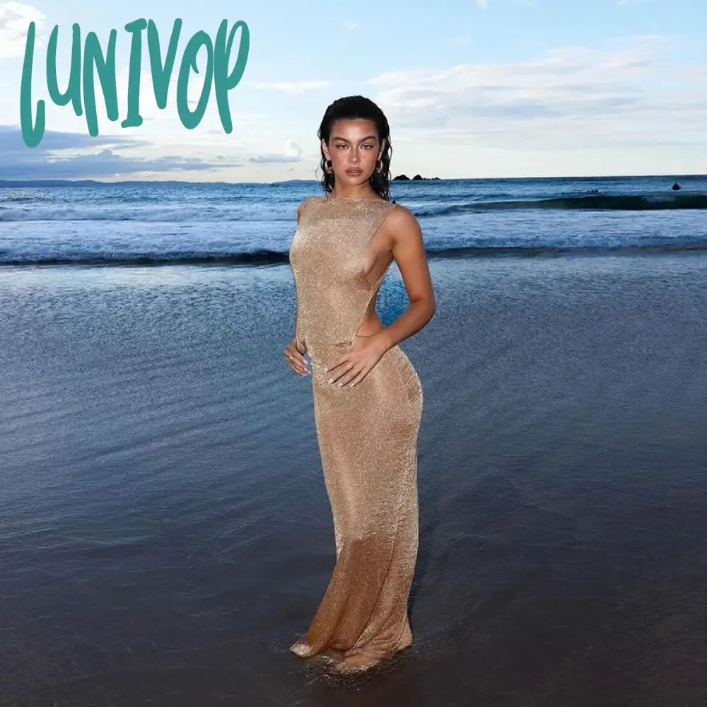 Lunivop Gold Sequin Split Backless Beach Dresses Sexy Exposed Waist Slim Fit Elegant Women’s