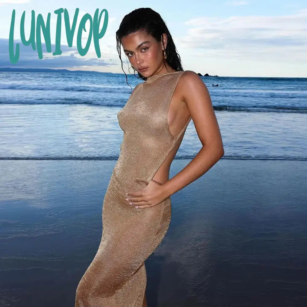 Lunivop Gold Sequin Split Backless Beach Dresses Sexy Exposed Waist Slim Fit Elegant Women’s