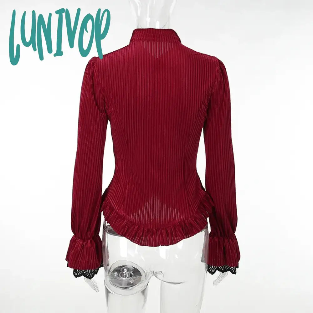 Lunivop Goth Dark Elegant Velvet Striped Gothic Vintage Blouses Ruffles Hem Slim Button Up Women