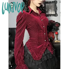 Lunivop Goth Dark Elegant Velvet Striped Gothic Vintage Blouses Ruffles Hem Slim Button Up Women