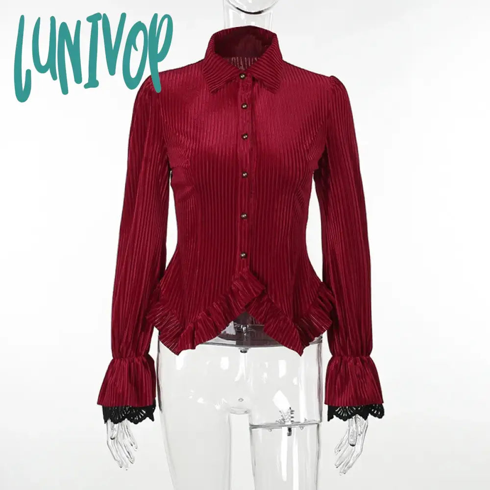 Lunivop Goth Dark Elegant Velvet Striped Gothic Vintage Blouses Ruffles Hem Slim Button Up Women