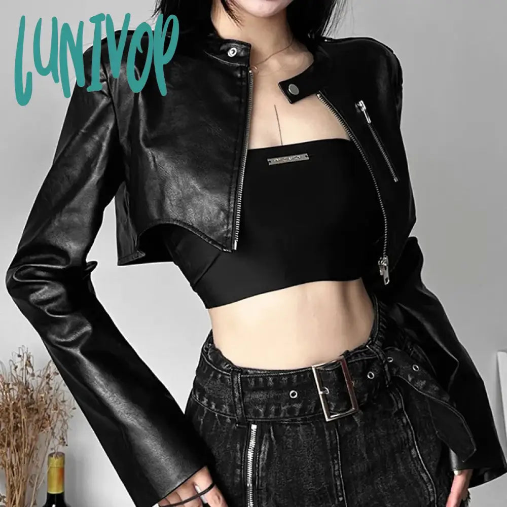 Lunivop Goth Dark Zipper Cyber Gothic Y2K Crop Jackets Grunge Punk Style Faux Leather Coats Female