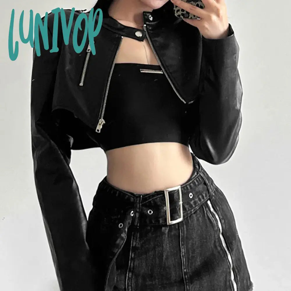 Lunivop Goth Dark Zipper Cyber Gothic Y2K Crop Jackets Grunge Punk Style Faux Leather Coats Female