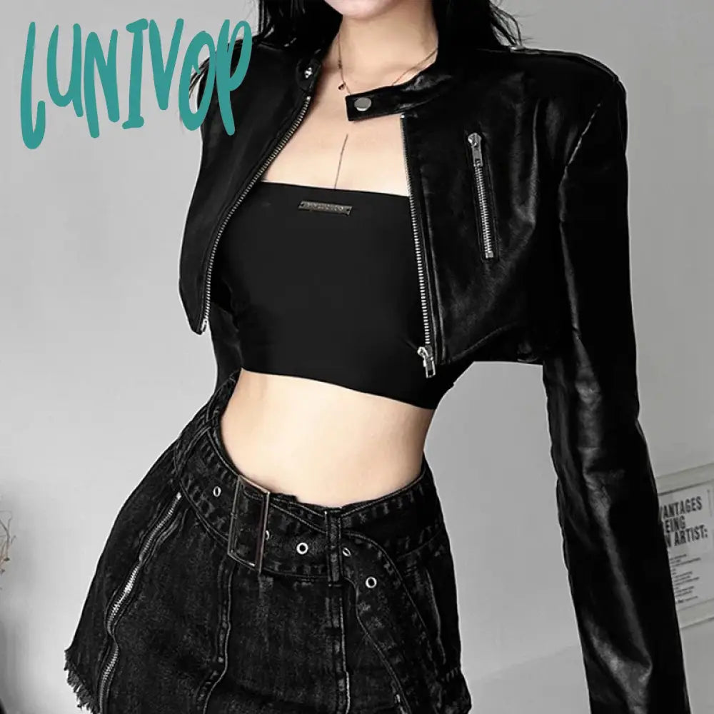 Lunivop Goth Dark Zipper Cyber Gothic Y2K Crop Jackets Grunge Punk Style Faux Leather Coats Female