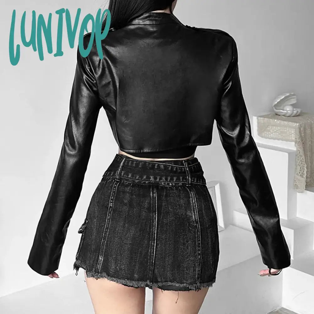 Lunivop Goth Dark Zipper Cyber Gothic Y2K Crop Jackets Grunge Punk Style Faux Leather Coats Female