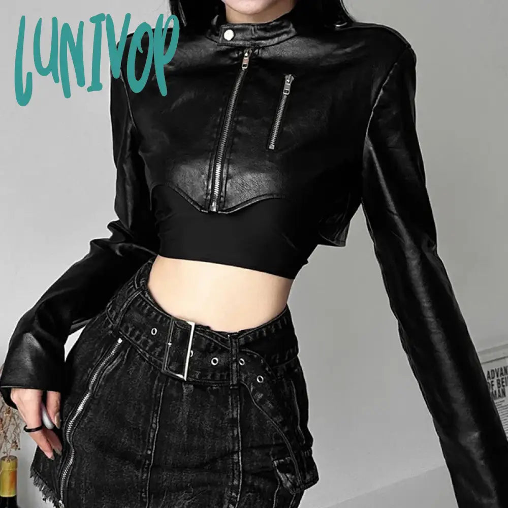 Lunivop Goth Dark Zipper Cyber Gothic Y2K Crop Jackets Grunge Punk Style Faux Leather Coats Female