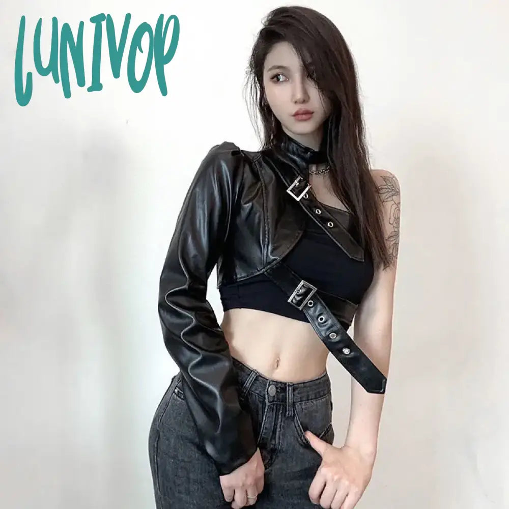 Lunivop Gothic Black Leather Jacket Punk Techwear Crop Tops Sexy Streetwear One Shoulder Fall