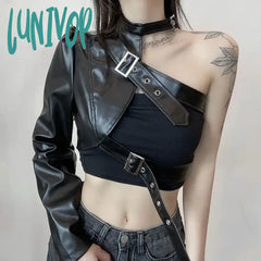 Lunivop Gothic Black Leather Jacket Punk Techwear Crop Tops Sexy Streetwear One Shoulder Fall