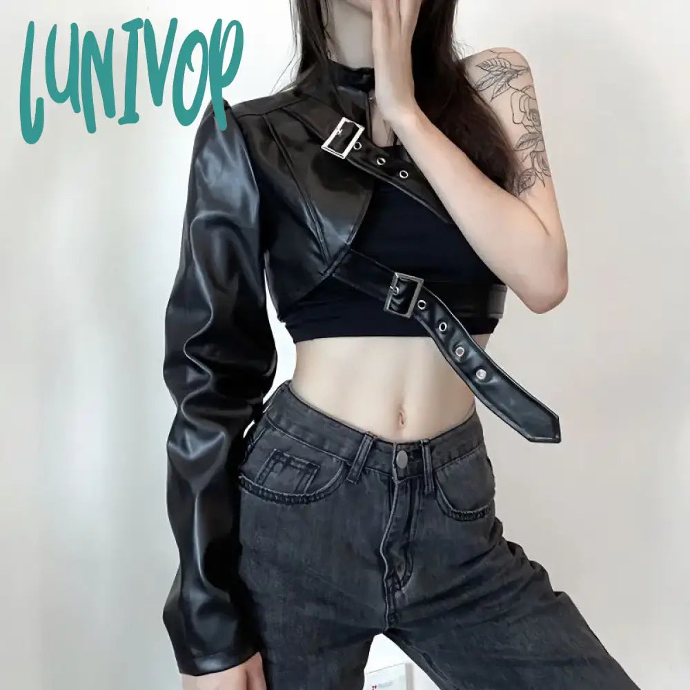 Lunivop Gothic Black Leather Jacket Punk Techwear Crop Tops Sexy Streetwear One Shoulder Fall