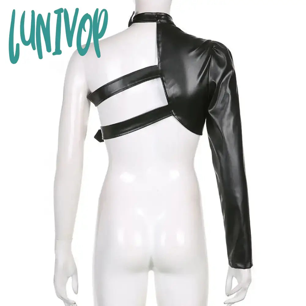 Lunivop Gothic Black Leather Jacket Punk Techwear Crop Tops Sexy Streetwear One Shoulder Fall